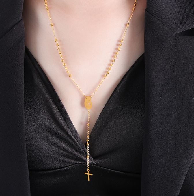 Cross Woman Tassel Pendant Mid Length Necklace