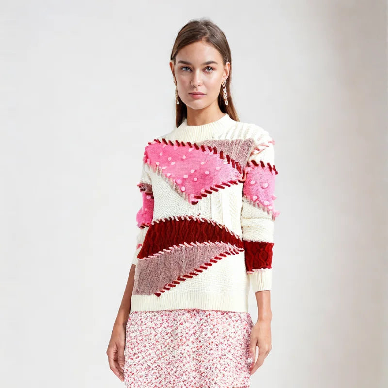 Crew Neck Color Block Sweater Pink Knit Pullover Long Sleeve Jumpers Knitwear Tops Autumn/Winter New in Woman Clothing