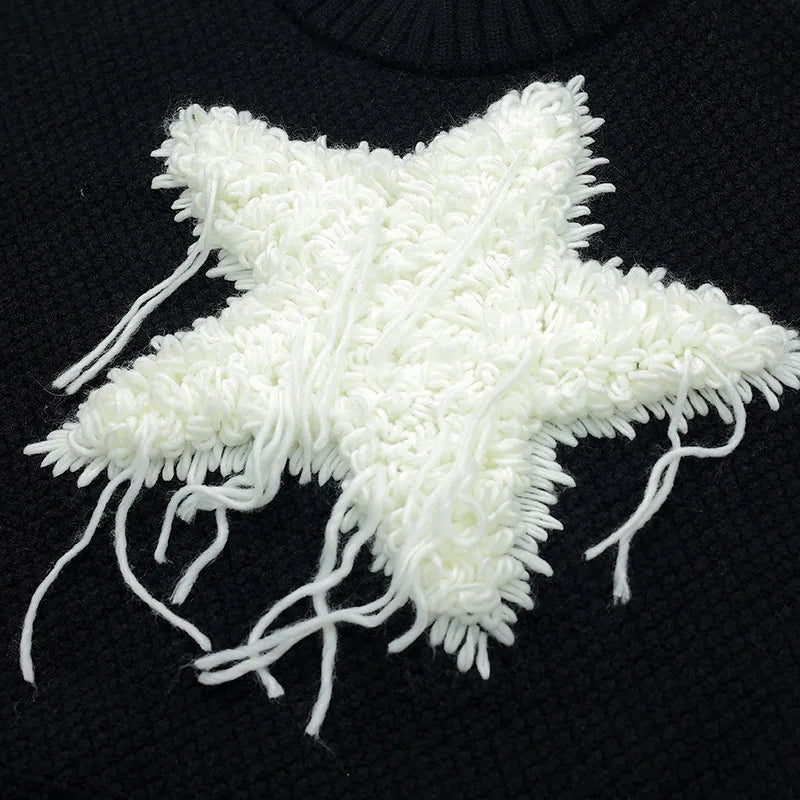 Stella Star Sweater Black & White Colorblock Pentagram Knit Pullover Long Sleeve Knitwear Jumpers Autumn/Winter Woman Clothing
