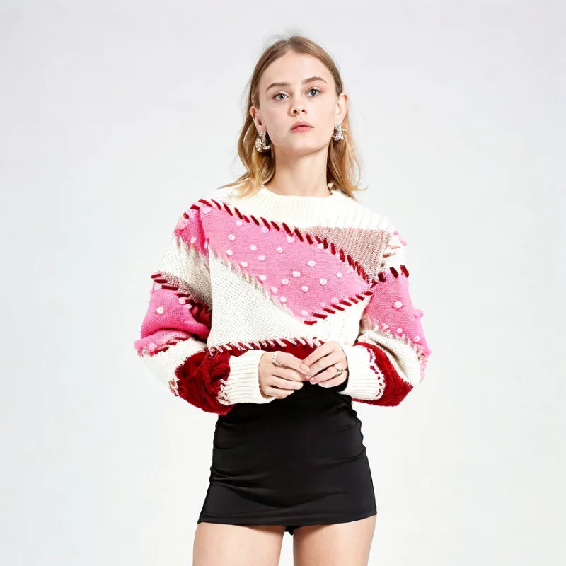 Crew Neck Color Block Sweater Pink Knit Pullover Long Sleeve Jumpers Knitwear Tops Autumn/Winter New in Woman Clothing