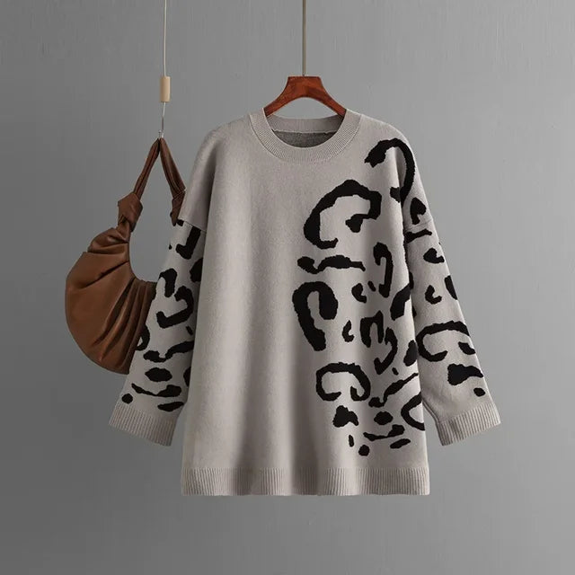 Knitted Jacquard Leopard Patchwork Sweater O-Neck Pullover Long Sleeve Mid-Length Knitwear Autumn/Winter Woman Clothing