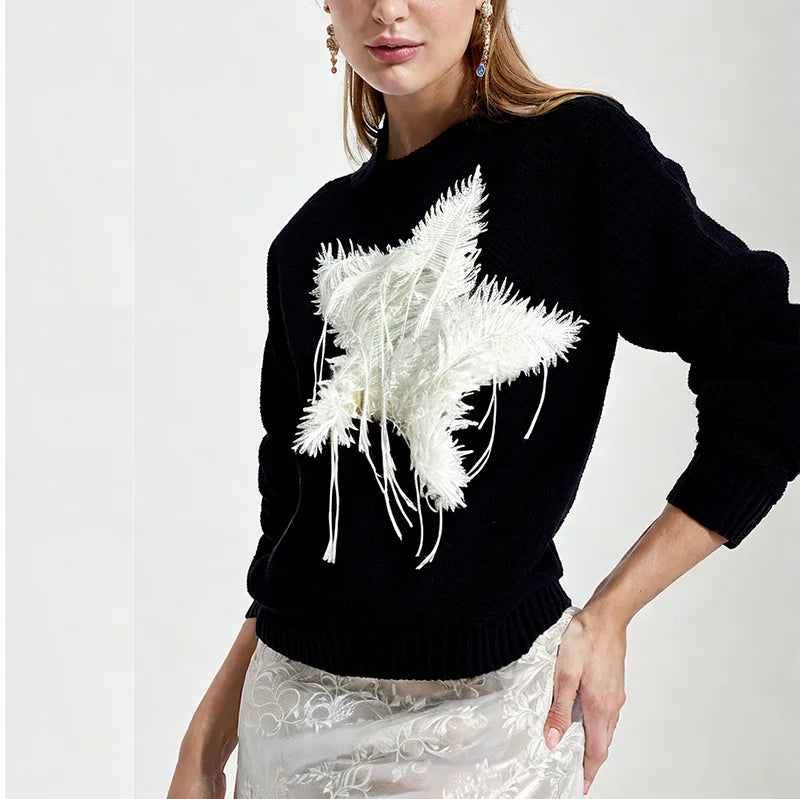 Stella Star Sweater Black & White Colorblock Pentagram Knit Pullover Long Sleeve Knitwear Jumpers Autumn/Winter Woman Clothing