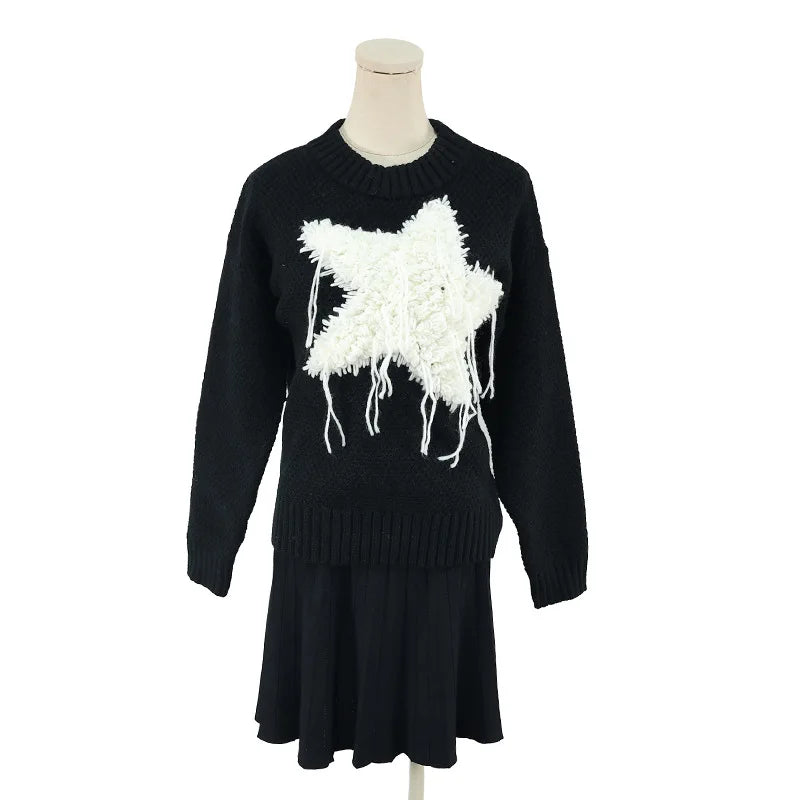 Stella Star Sweater Black & White Colorblock Pentagram Knit Pullover Long Sleeve Knitwear Jumpers Autumn/Winter Woman Clothing