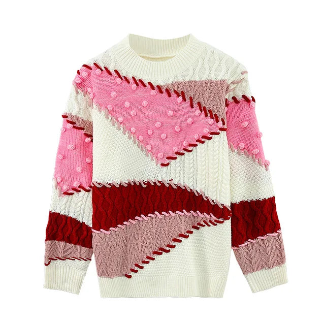Crew Neck Color Block Sweater Pink Knit Pullover Long Sleeve Jumpers Knitwear Tops Autumn/Winter New in Woman Clothing