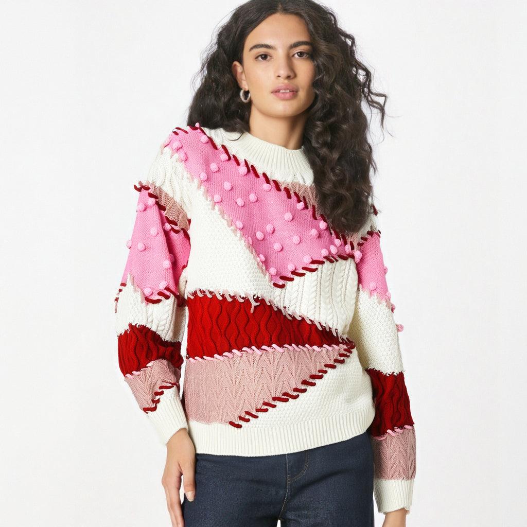 Crew Neck Color Block Sweater Pink Knit Pullover Long Sleeve Jumpers Knitwear Tops Autumn/Winter New in Woman Clothing