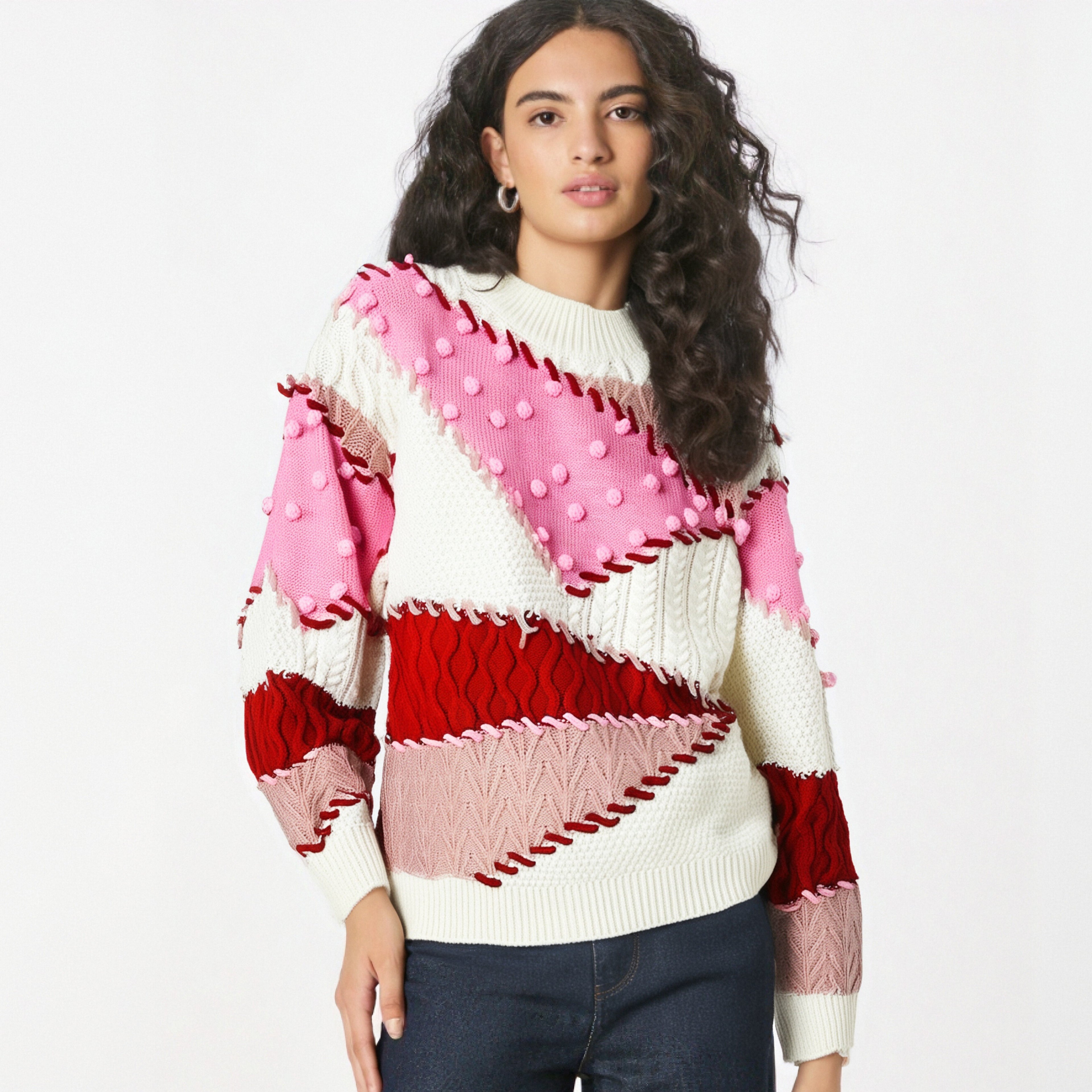 Crew Neck Color Block Sweater Pink Knit Pullover Long Sleeve Jumpers Knitwear Tops Autumn/Winter New in Woman Clothing