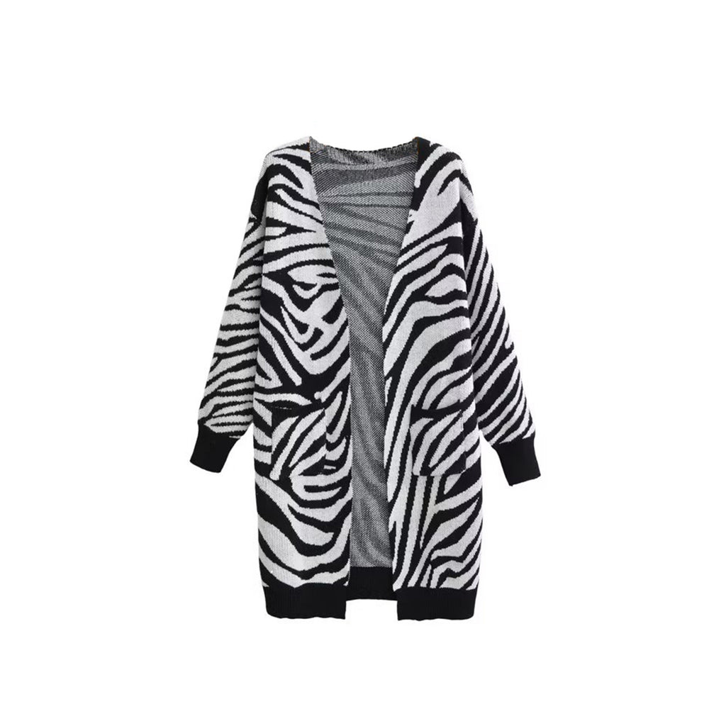 Female Vintage Cardigan Clothing Black And White Striped V-Neck Long Sleeve Pockets Open Stitch Woman Chic Autumn Sweater
