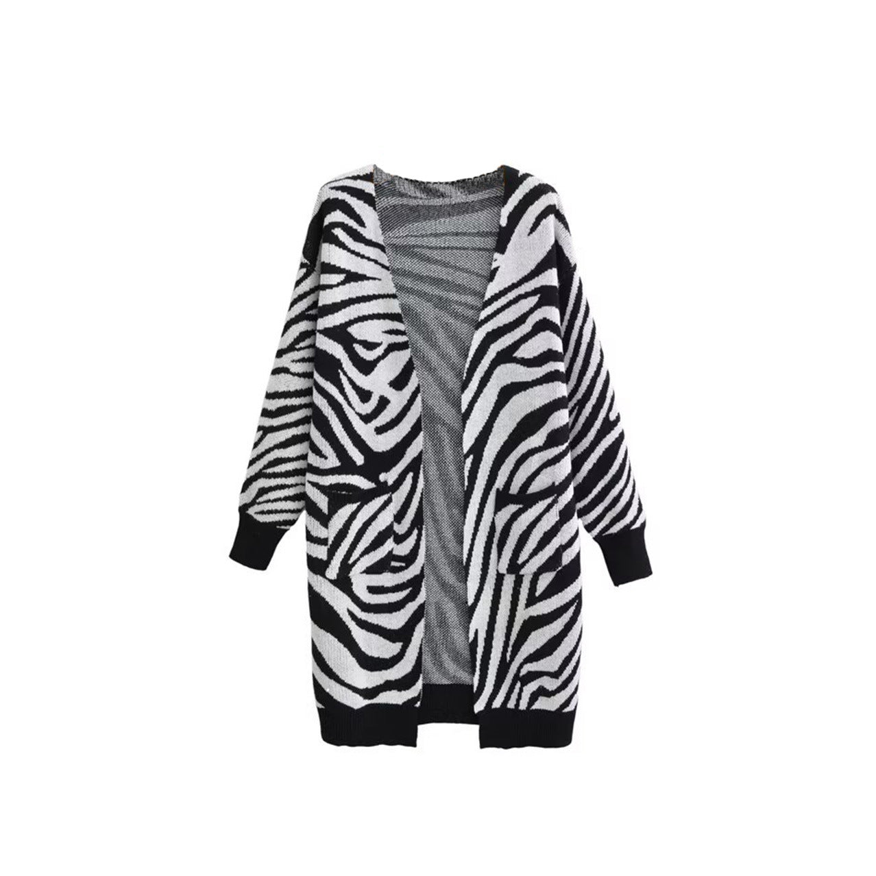 Female Vintage Cardigan Clothing Black And White Striped V-Neck Long Sleeve Pockets Open Stitch Woman Chic Autumn Sweater