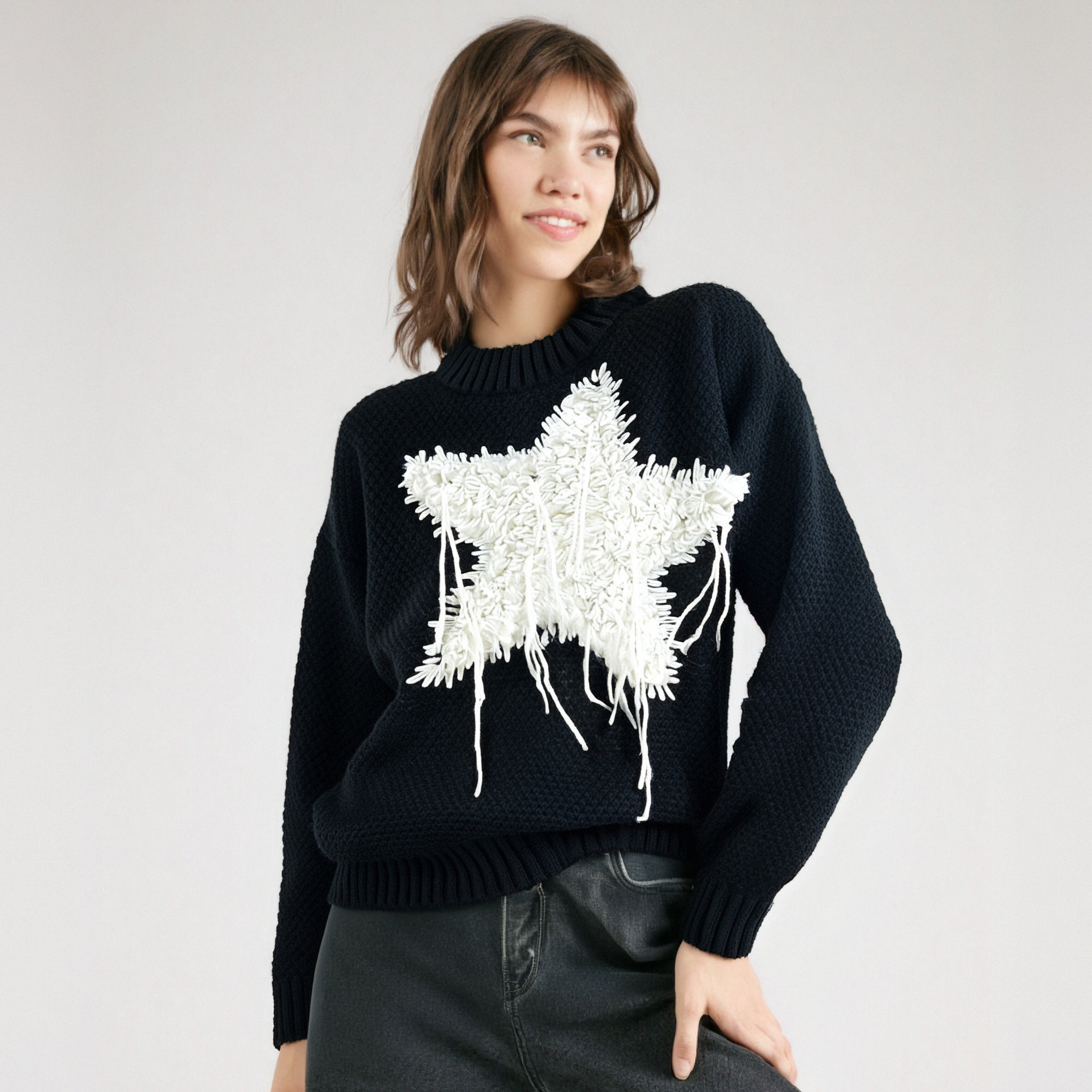 Stella Star Sweater Black & White Colorblock Pentagram Knit Pullover Long Sleeve Knitwear Jumpers Autumn/Winter Woman Clothing